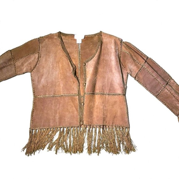 Vintage 90s Y2K Mall Goth Grunge Brown Kroshetta by Papillon Fringe Jacket Rare - Picture 3 of 8